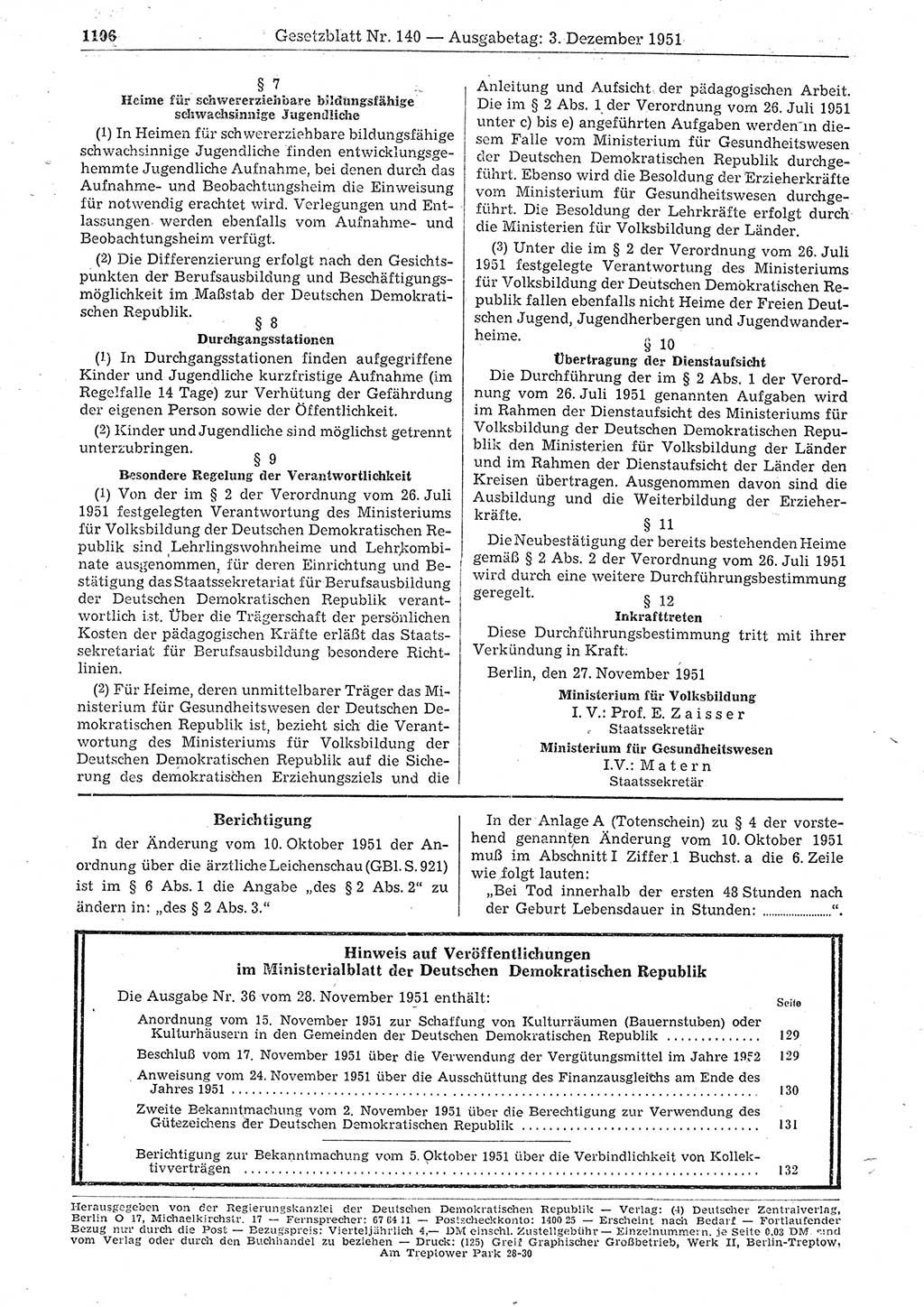 Gesetzblatt (GBl.) der Deutschen Demokratischen Republik (DDR) 1951, Seite 1106 (GBl. DDR 1951, S. 1106)