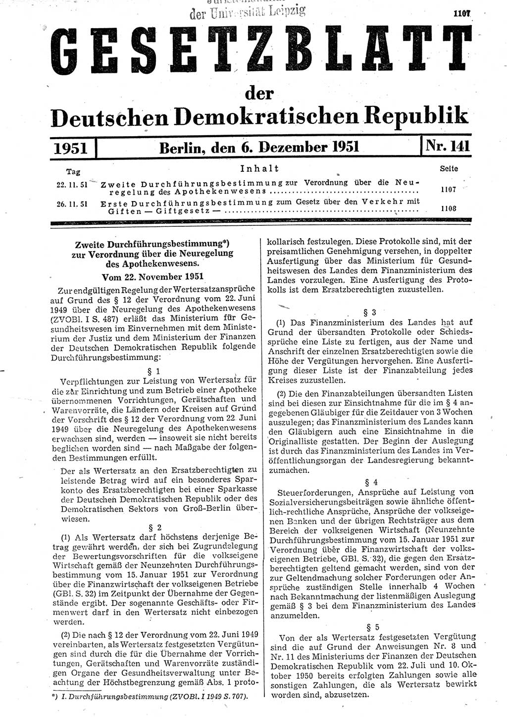 Gesetzblatt (GBl.) der Deutschen Demokratischen Republik (DDR) 1951, Seite 1107 (GBl. DDR 1951, S. 1107)