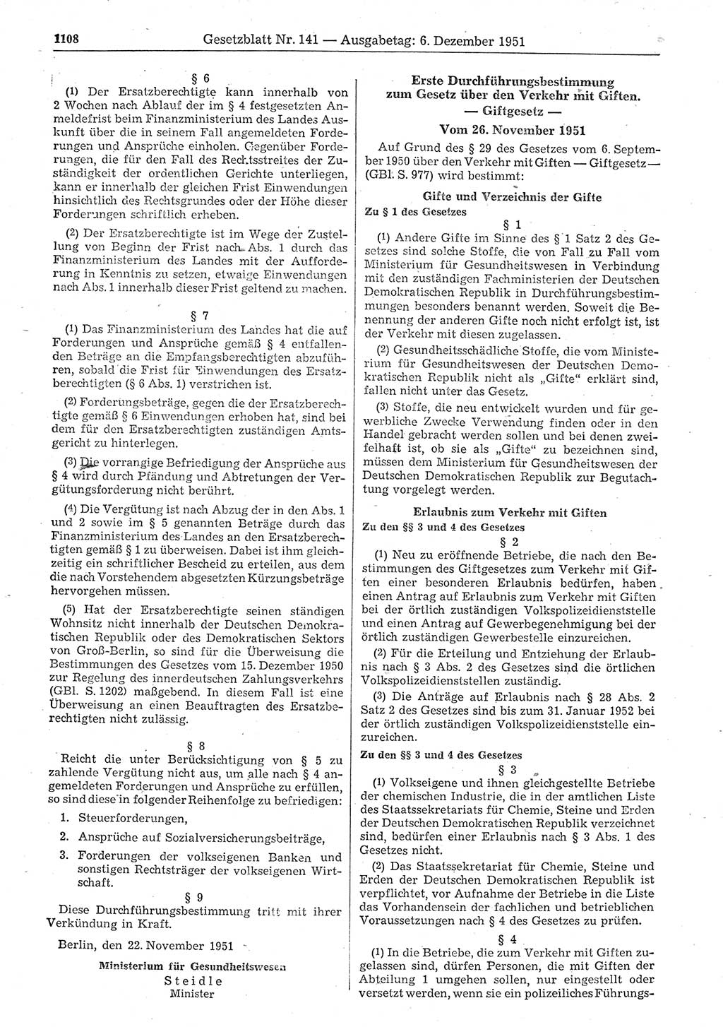 Gesetzblatt (GBl.) der Deutschen Demokratischen Republik (DDR) 1951, Seite 1108 (GBl. DDR 1951, S. 1108)