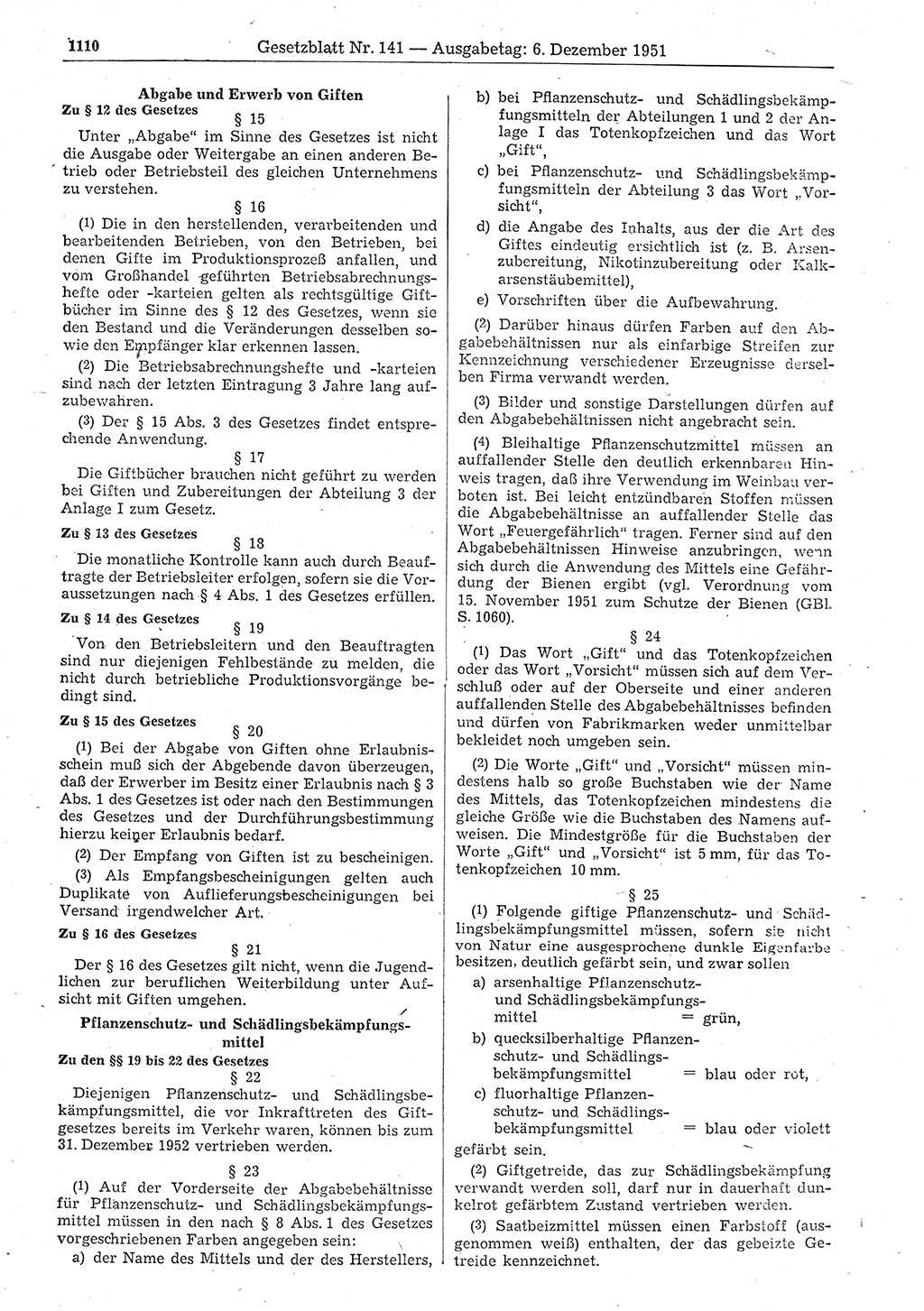 Gesetzblatt (GBl.) der Deutschen Demokratischen Republik (DDR) 1951, Seite 1110 (GBl. DDR 1951, S. 1110)