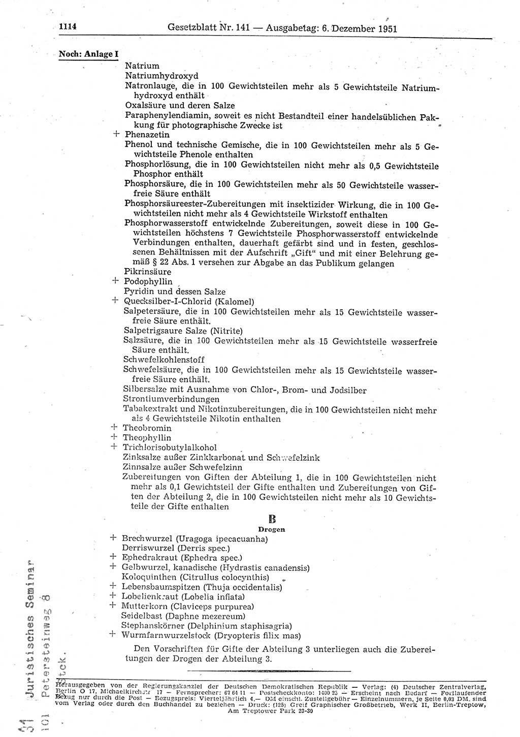 Gesetzblatt (GBl.) der Deutschen Demokratischen Republik (DDR) 1951, Seite 1114 (GBl. DDR 1951, S. 1114)