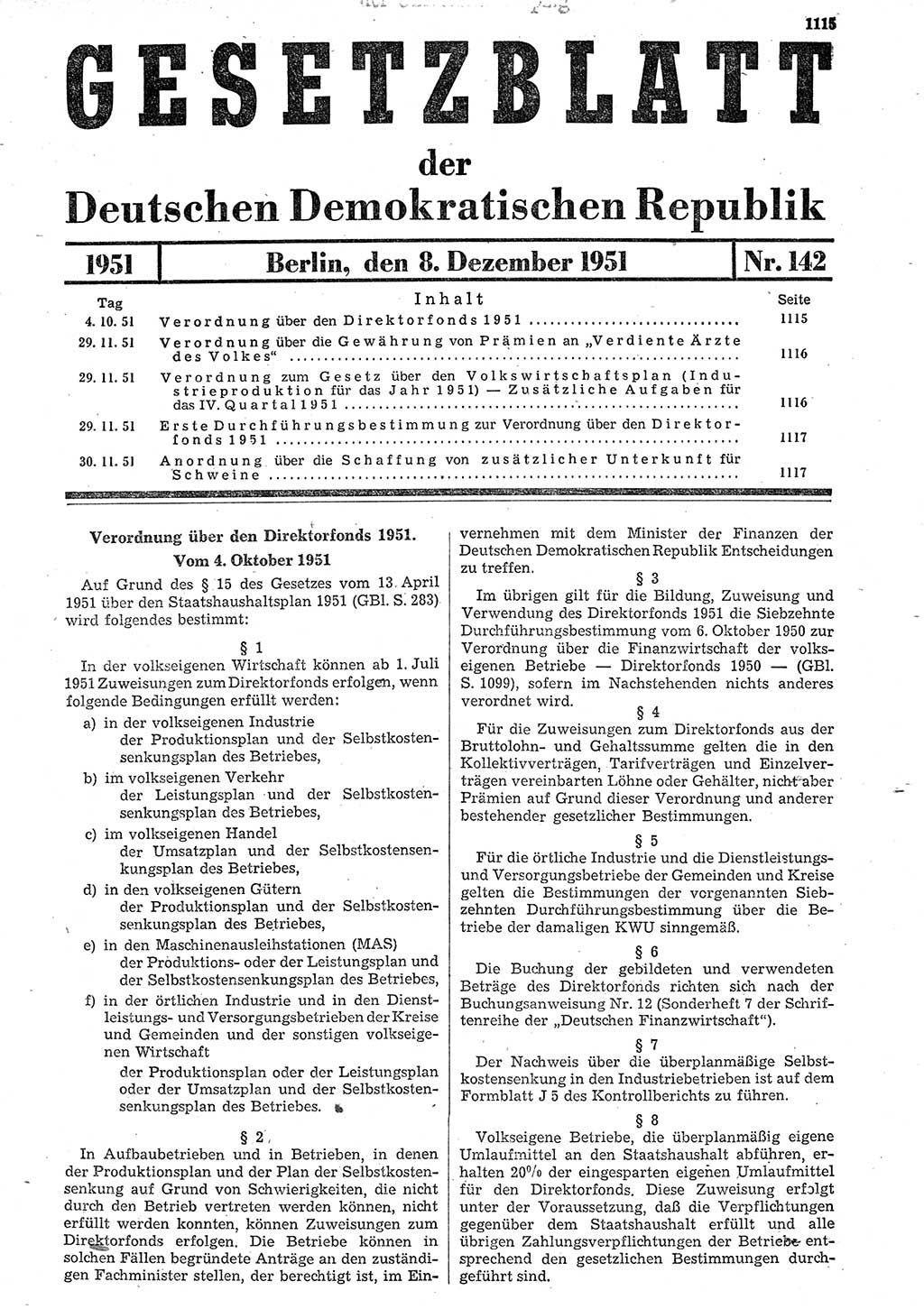 Gesetzblatt (GBl.) der Deutschen Demokratischen Republik (DDR) 1951, Seite 1115 (GBl. DDR 1951, S. 1115)