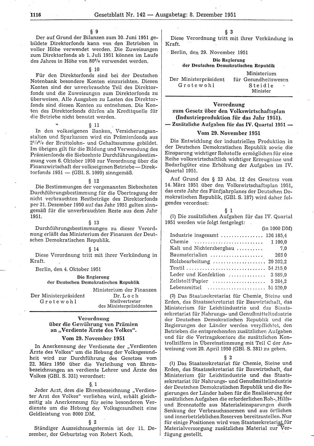Gesetzblatt (GBl.) der Deutschen Demokratischen Republik (DDR) 1951, Seite 1116 (GBl. DDR 1951, S. 1116)