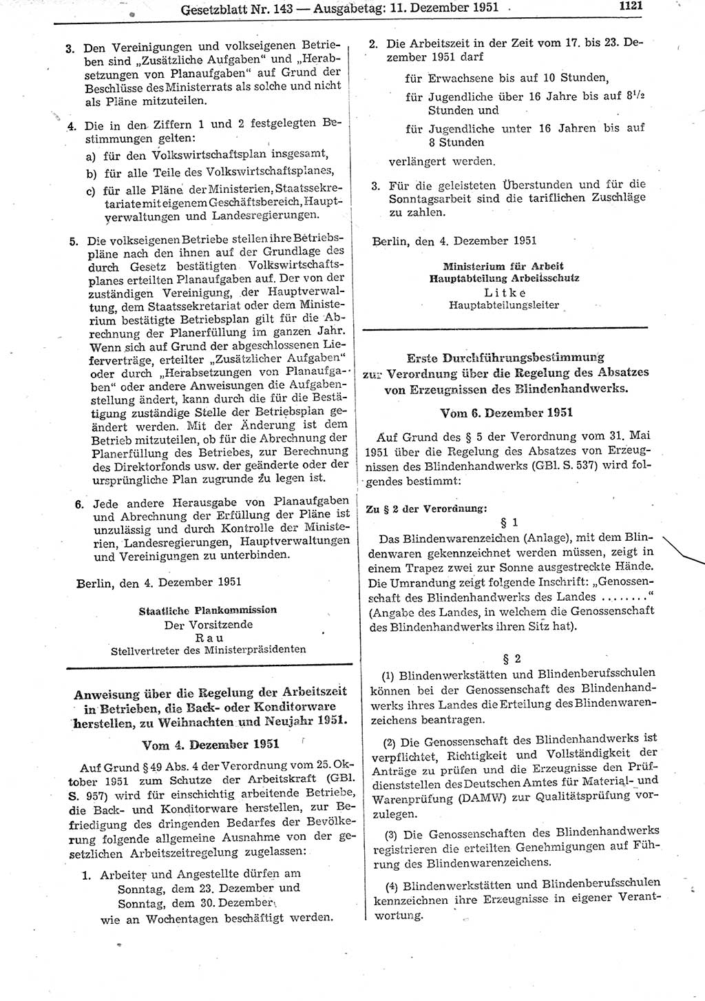Gesetzblatt (GBl.) der Deutschen Demokratischen Republik (DDR) 1951, Seite 1121 (GBl. DDR 1951, S. 1121)