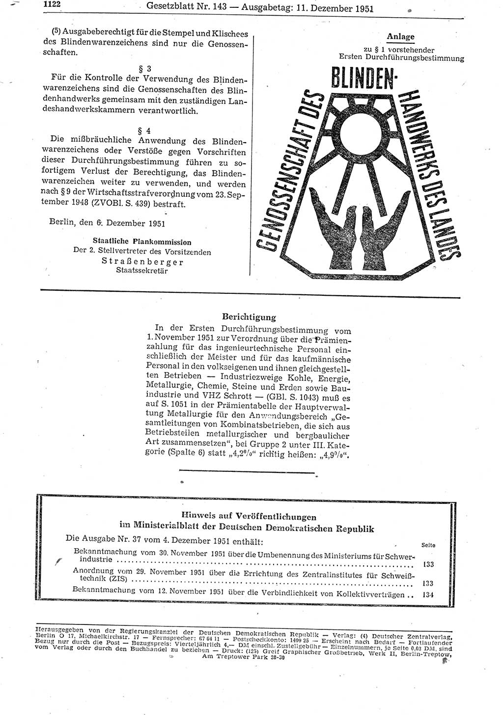 Gesetzblatt (GBl.) der Deutschen Demokratischen Republik (DDR) 1951, Seite 1122 (GBl. DDR 1951, S. 1122)