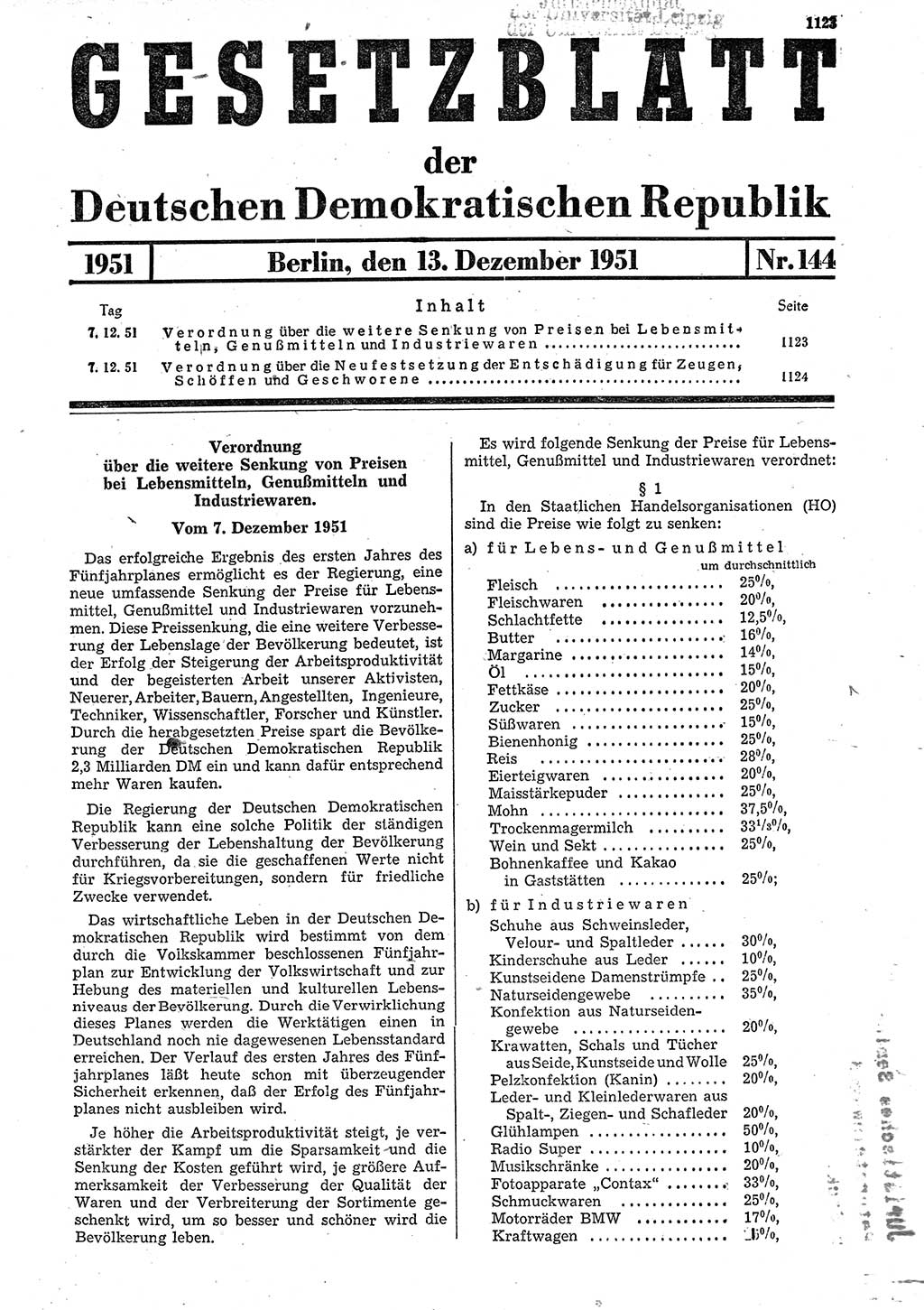 Gesetzblatt (GBl.) der Deutschen Demokratischen Republik (DDR) 1951, Seite 1123 (GBl. DDR 1951, S. 1123)