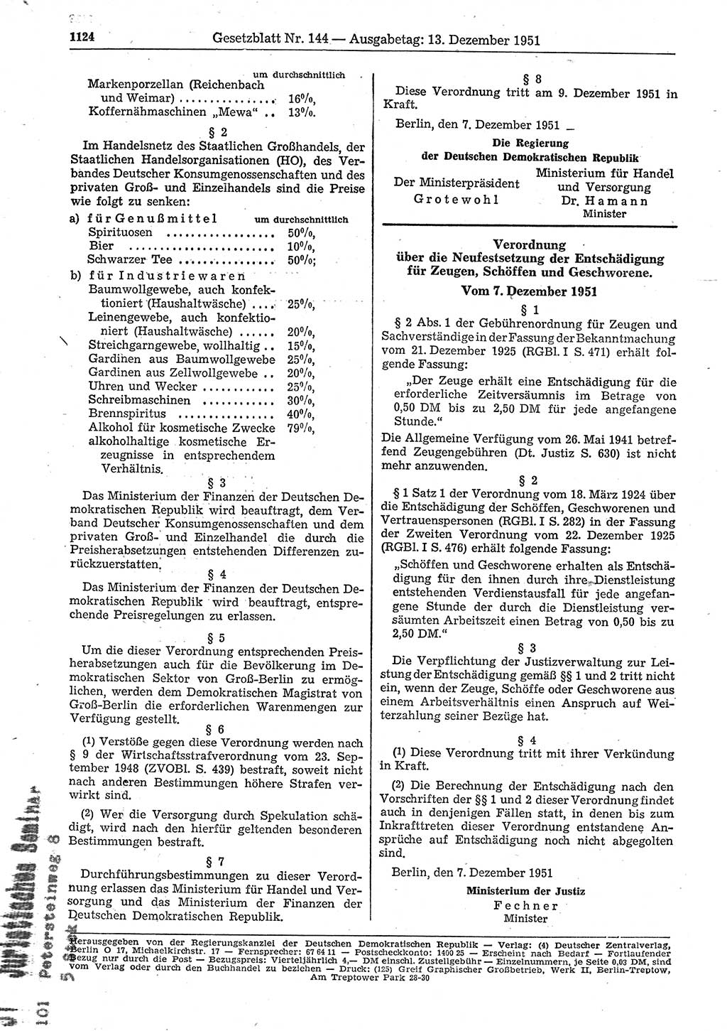 Gesetzblatt (GBl.) der Deutschen Demokratischen Republik (DDR) 1951, Seite 1124 (GBl. DDR 1951, S. 1124)