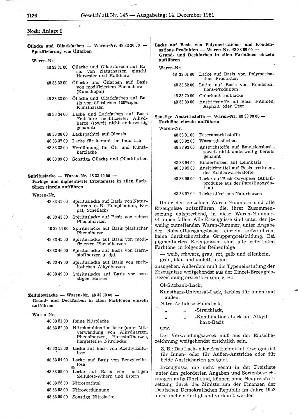 Gesetzblatt (GBl.) der Deutschen Demokratischen Republik (DDR) 1951, Seite 1126 (GBl. DDR 1951, S. 1126)