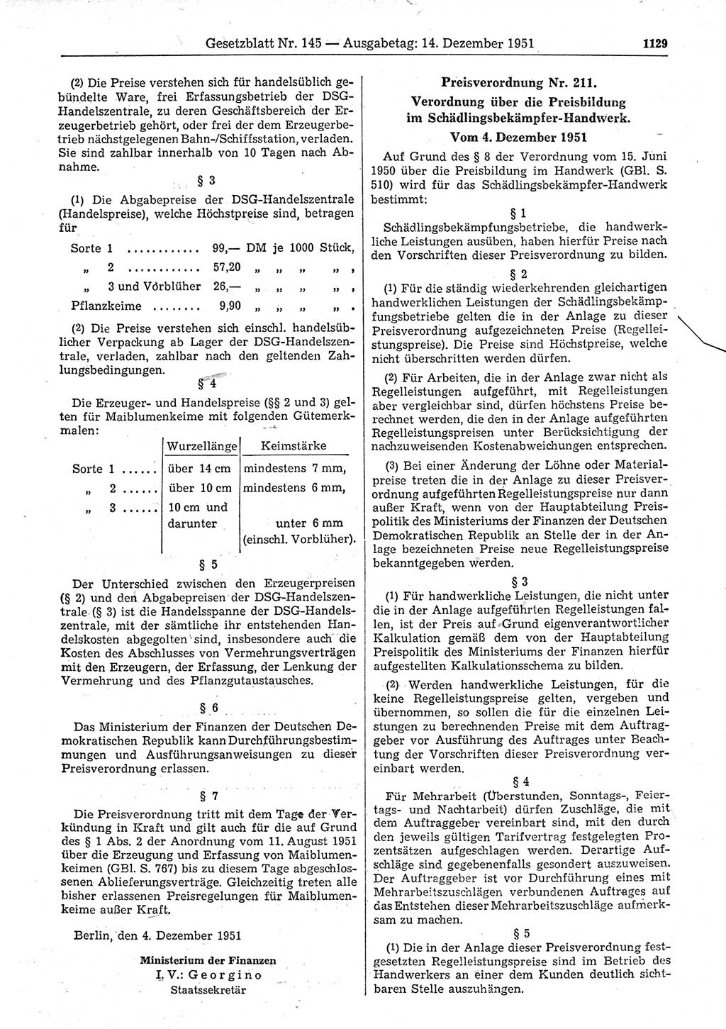Gesetzblatt (GBl.) der Deutschen Demokratischen Republik (DDR) 1951, Seite 1129 (GBl. DDR 1951, S. 1129)
