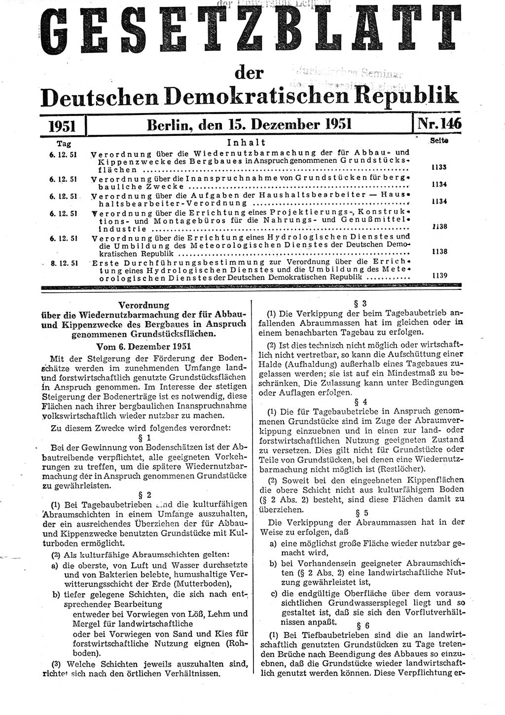 Gesetzblatt (GBl.) der Deutschen Demokratischen Republik (DDR) 1951, Seite 1133 (GBl. DDR 1951, S. 1133)