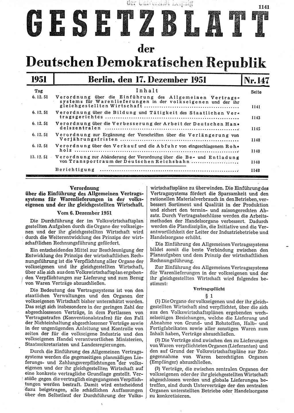 Gesetzblatt (GBl.) der Deutschen Demokratischen Republik (DDR) 1951, Seite 1141 (GBl. DDR 1951, S. 1141)