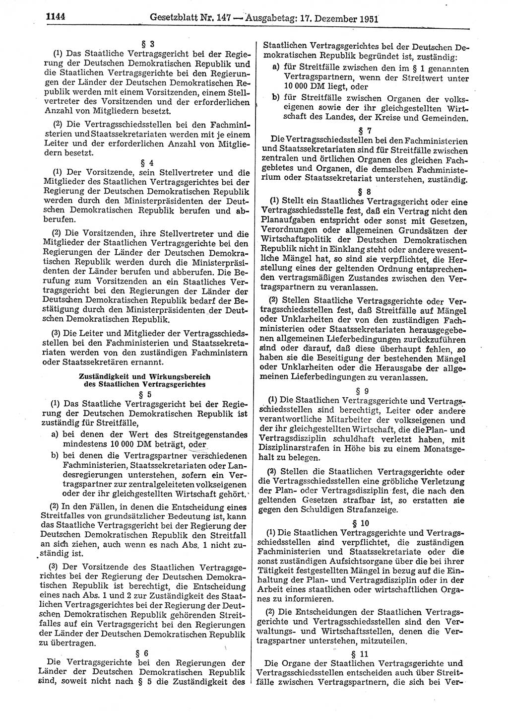 Gesetzblatt (GBl.) der Deutschen Demokratischen Republik (DDR) 1951, Seite 1144 (GBl. DDR 1951, S. 1144)