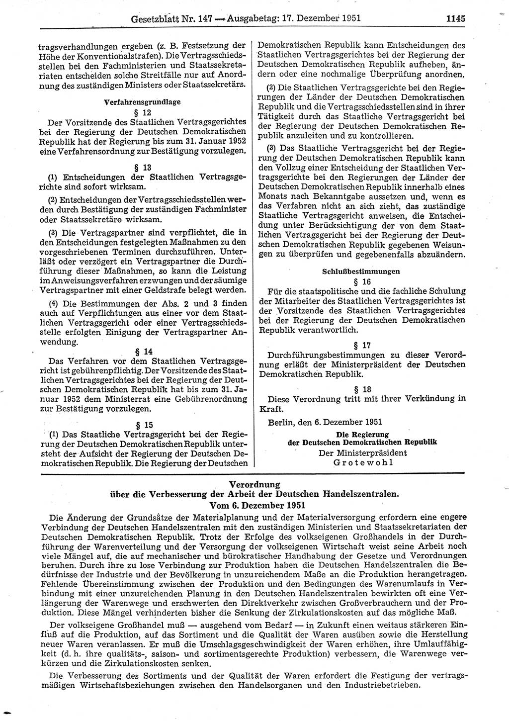Gesetzblatt (GBl.) der Deutschen Demokratischen Republik (DDR) 1951, Seite 1145 (GBl. DDR 1951, S. 1145)