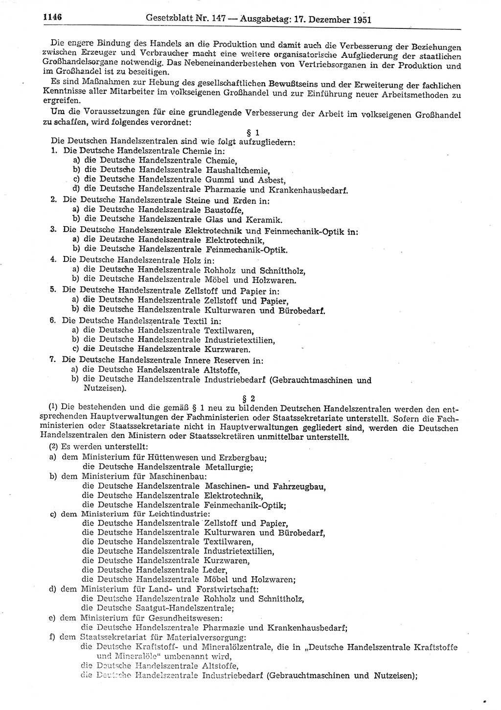 Gesetzblatt (GBl.) der Deutschen Demokratischen Republik (DDR) 1951, Seite 1146 (GBl. DDR 1951, S. 1146)