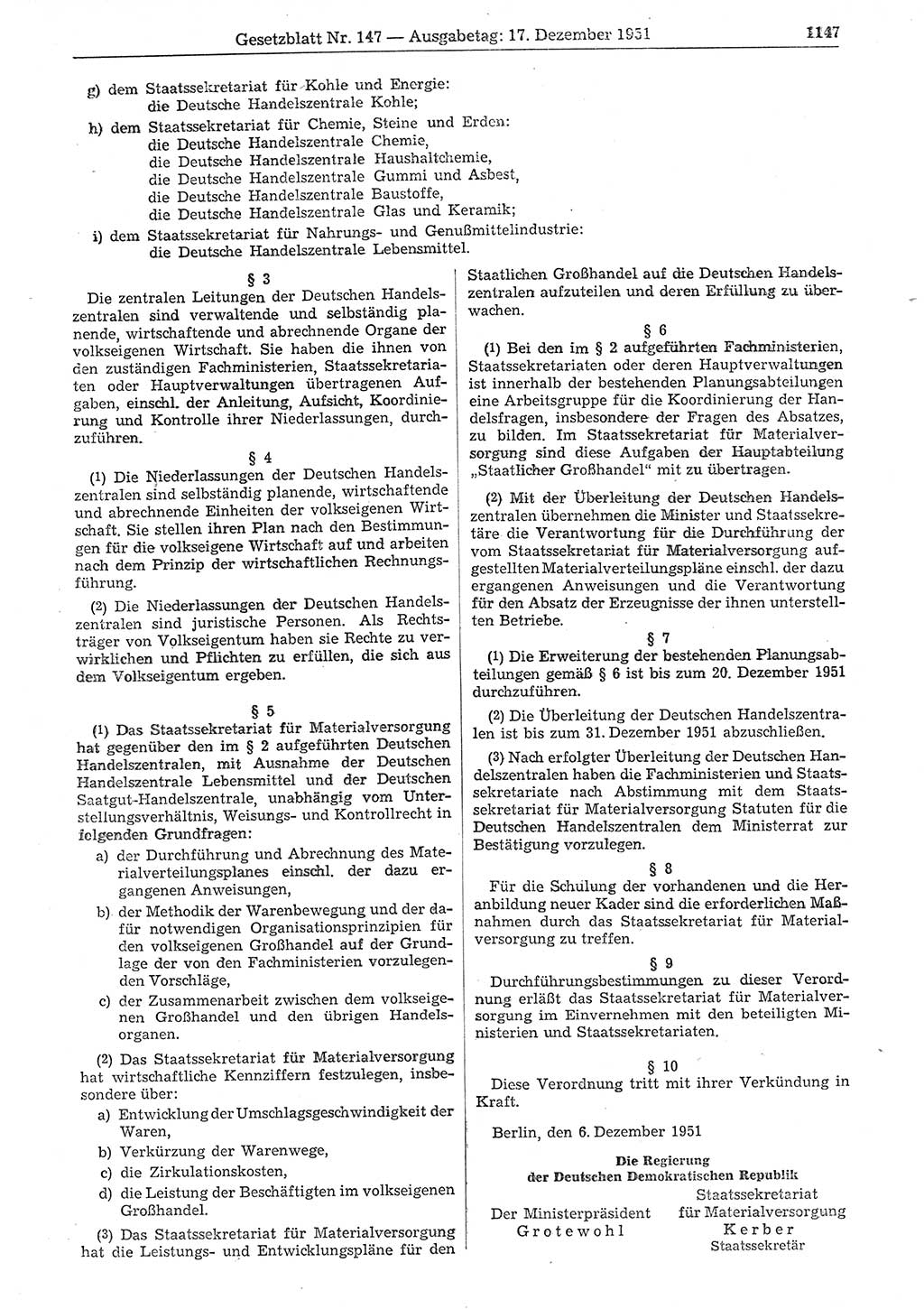 Gesetzblatt (GBl.) der Deutschen Demokratischen Republik (DDR) 1951, Seite 1147 (GBl. DDR 1951, S. 1147)
