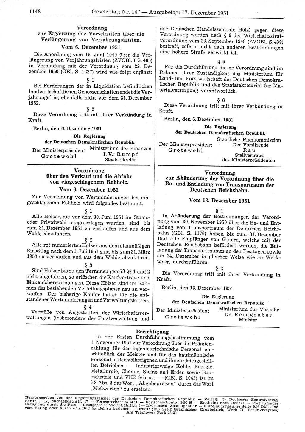 Gesetzblatt (GBl.) der Deutschen Demokratischen Republik (DDR) 1951, Seite 1148 (GBl. DDR 1951, S. 1148)
