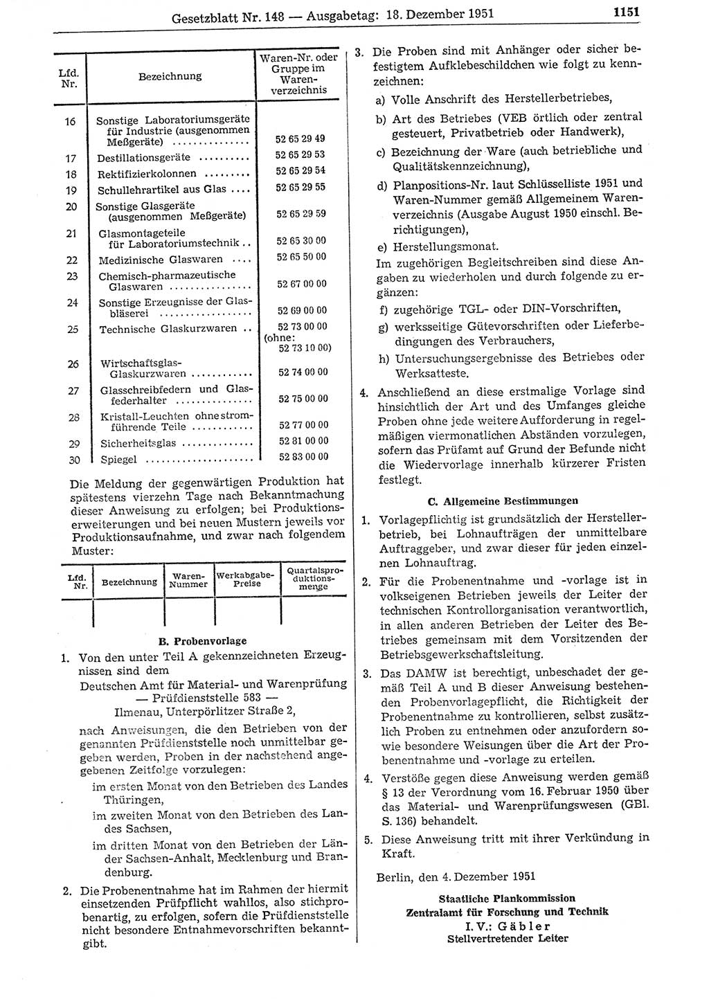 Gesetzblatt (GBl.) der Deutschen Demokratischen Republik (DDR) 1951, Seite 1151 (GBl. DDR 1951, S. 1151)