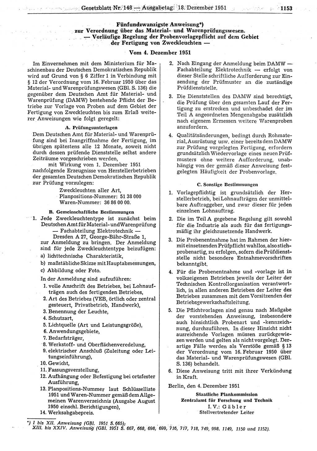 Gesetzblatt (GBl.) der Deutschen Demokratischen Republik (DDR) 1951, Seite 1153 (GBl. DDR 1951, S. 1153)