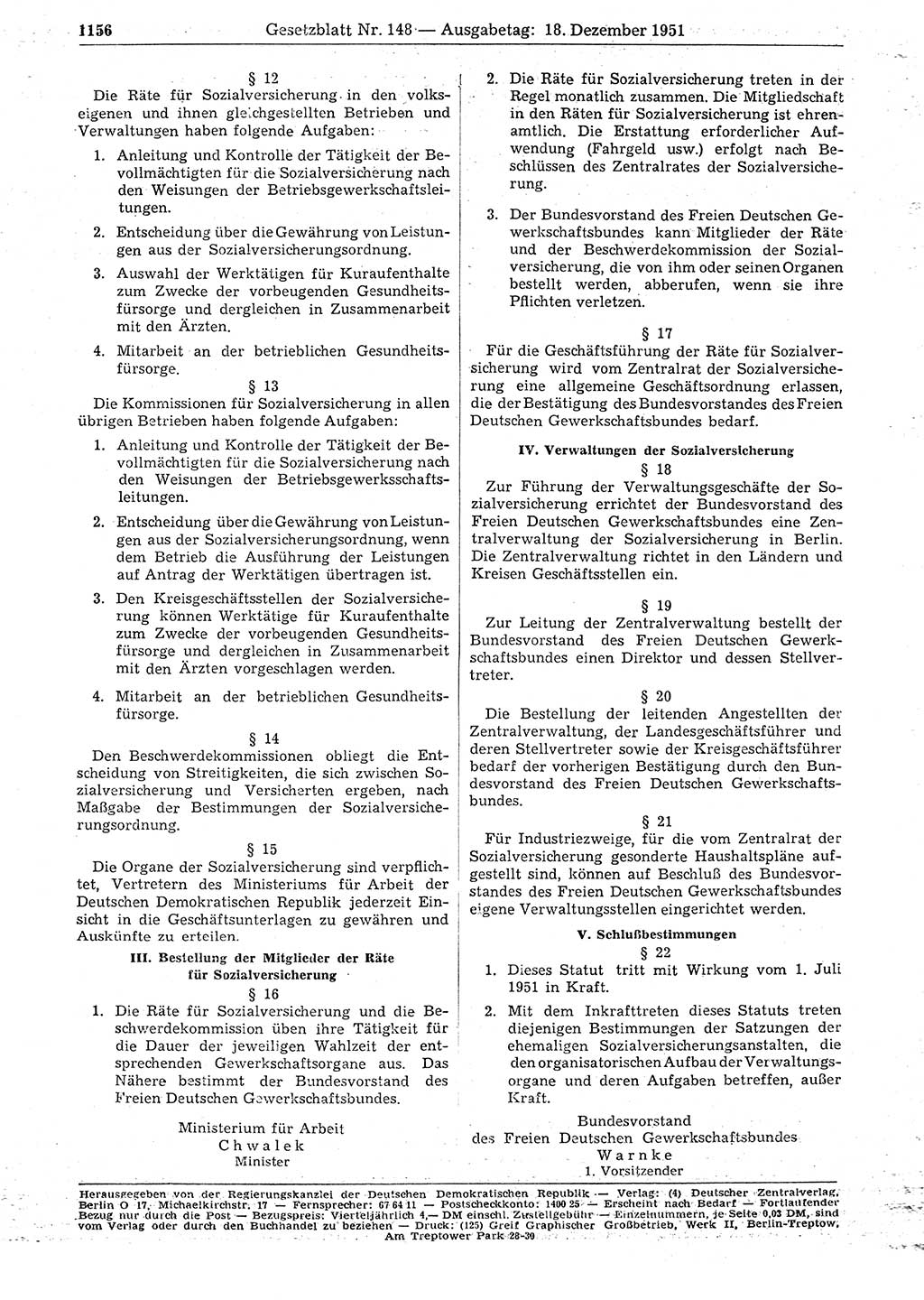 Gesetzblatt (GBl.) der Deutschen Demokratischen Republik (DDR) 1951, Seite 1156 (GBl. DDR 1951, S. 1156)