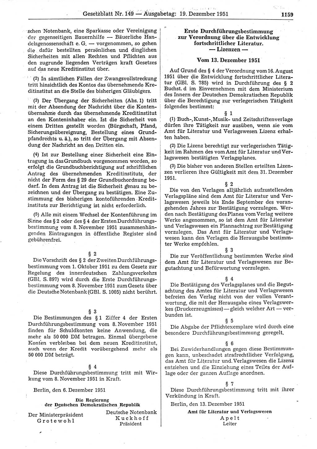 Gesetzblatt (GBl.) der Deutschen Demokratischen Republik (DDR) 1951, Seite 1159 (GBl. DDR 1951, S. 1159)