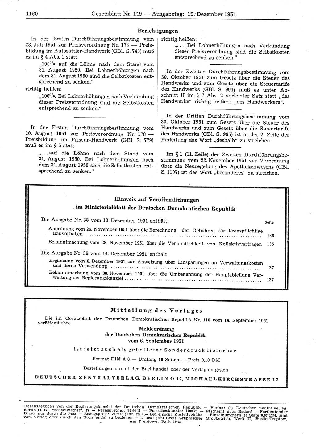 Gesetzblatt (GBl.) der Deutschen Demokratischen Republik (DDR) 1951, Seite 1160 (GBl. DDR 1951, S. 1160)