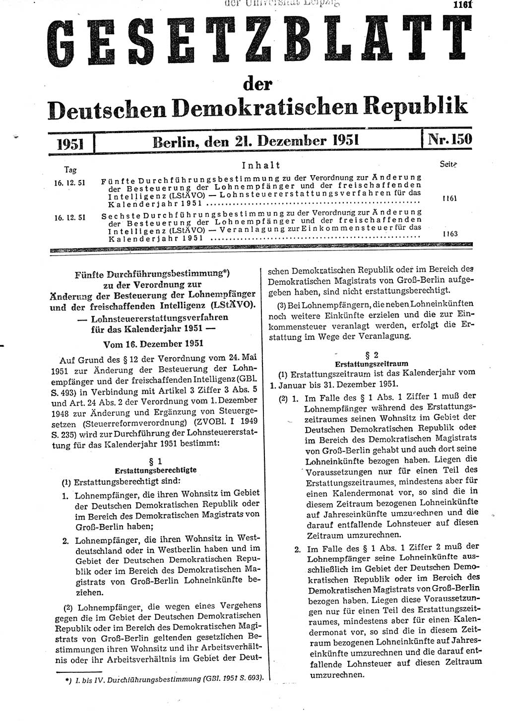 Gesetzblatt (GBl.) der Deutschen Demokratischen Republik (DDR) 1951, Seite 1163 (GBl. DDR 1951, S. 1163)