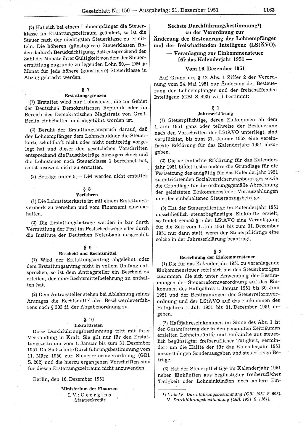 Gesetzblatt (GBl.) der Deutschen Demokratischen Republik (DDR) 1951, Seite 1165 (GBl. DDR 1951, S. 1165)