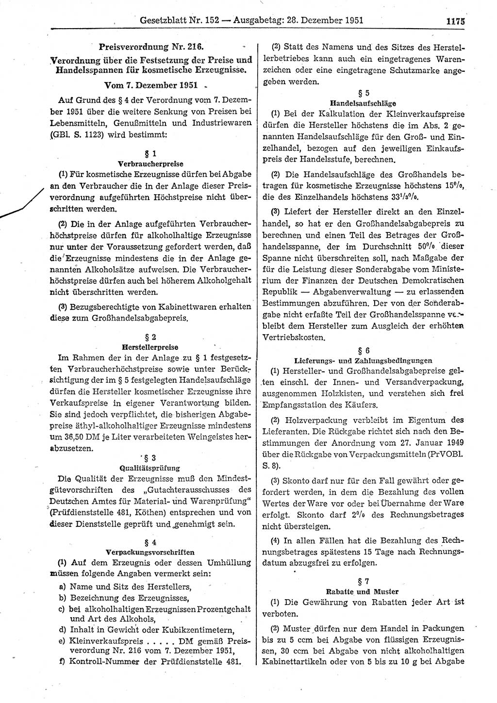 Gesetzblatt (GBl.) der Deutschen Demokratischen Republik (DDR) 1951, Seite 1175 (GBl. DDR 1951, S. 1175)