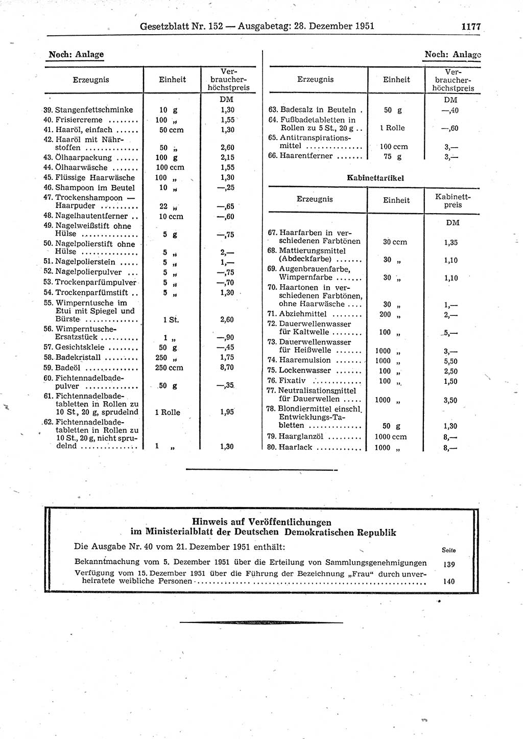 Gesetzblatt (GBl.) der Deutschen Demokratischen Republik (DDR) 1951, Seite 1177 (GBl. DDR 1951, S. 1177)