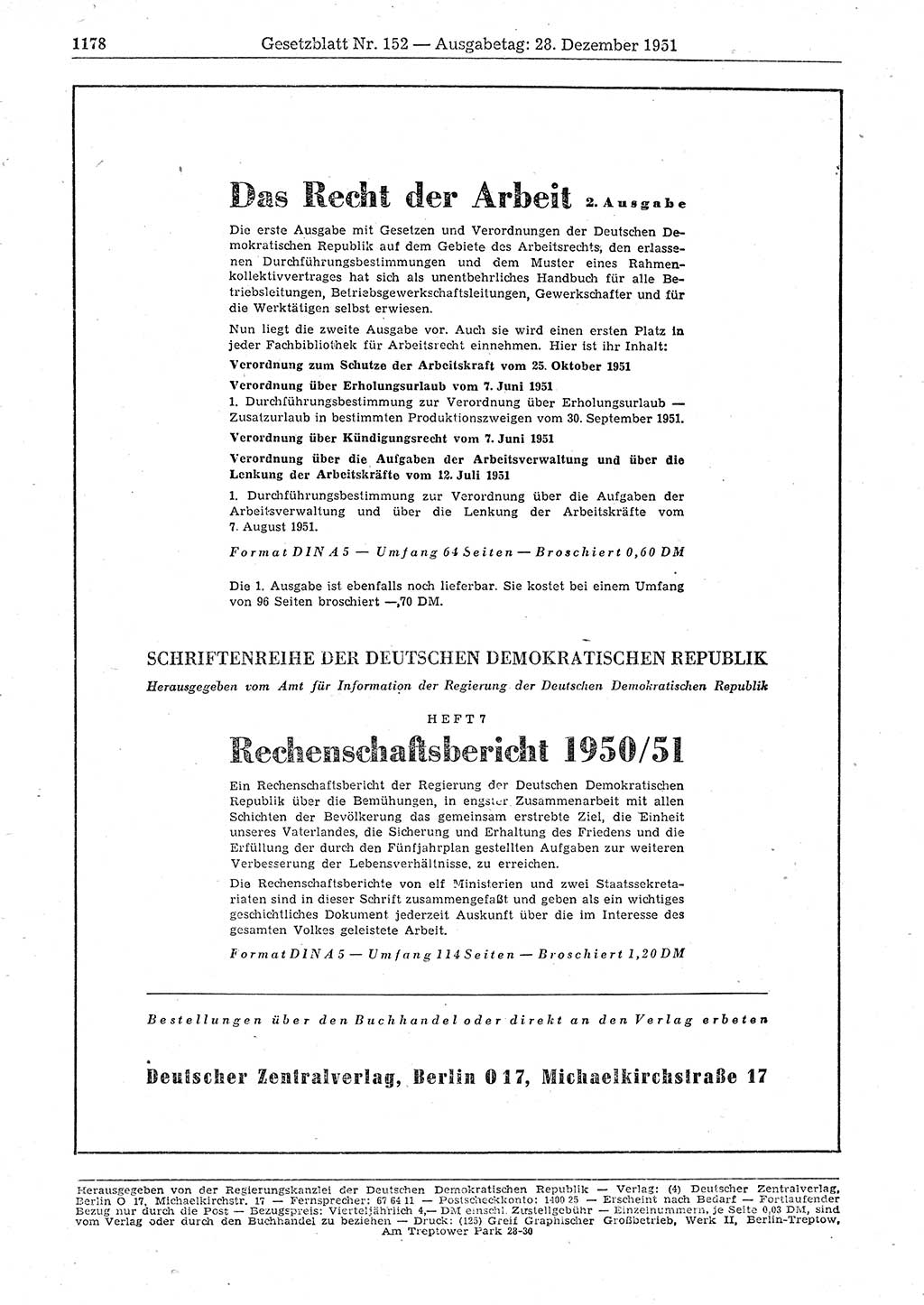 Gesetzblatt (GBl.) der Deutschen Demokratischen Republik (DDR) 1951, Seite 1178 (GBl. DDR 1951, S. 1178)