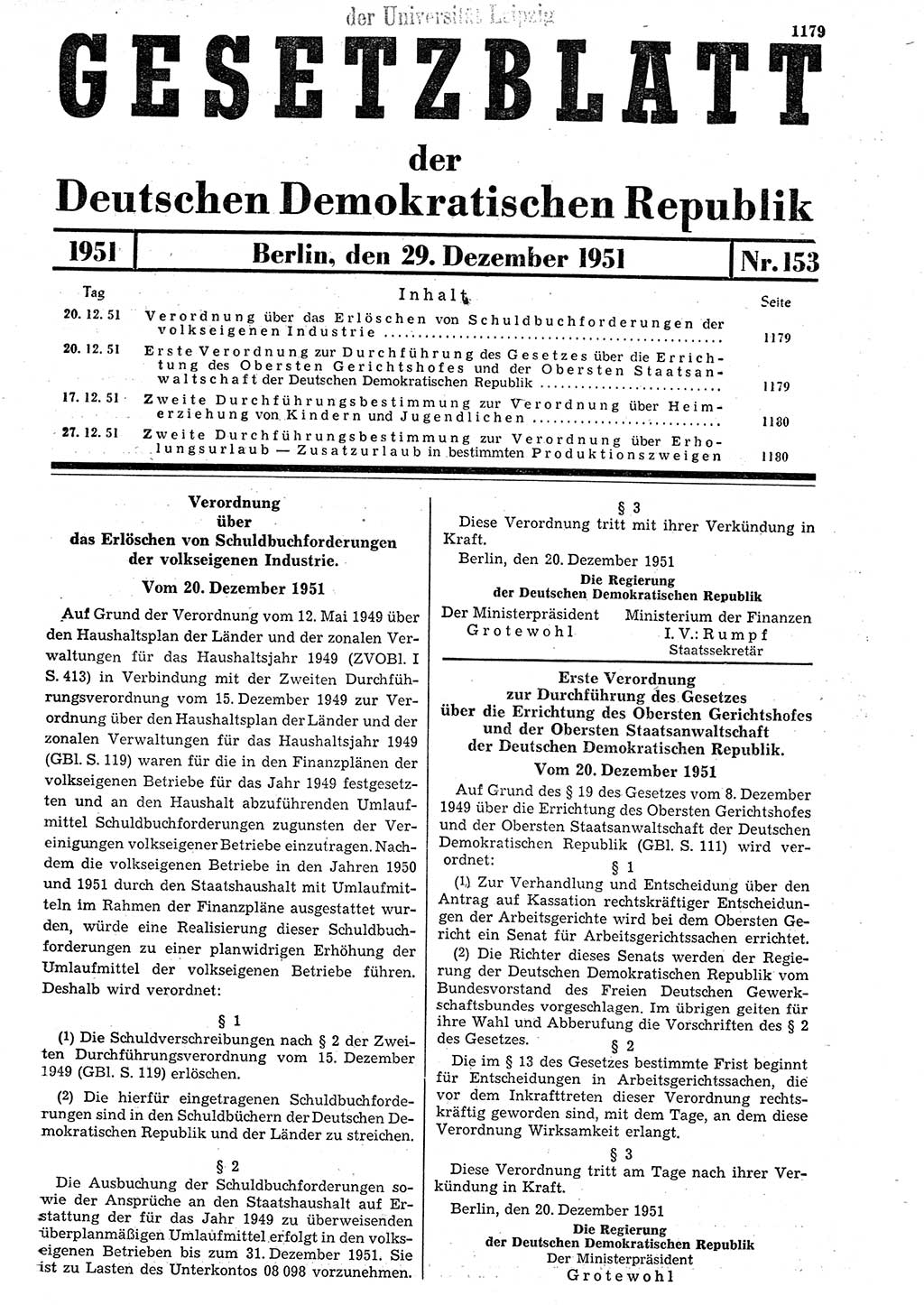Gesetzblatt (GBl.) der Deutschen Demokratischen Republik (DDR) 1951, Seite 1179 (GBl. DDR 1951, S. 1179)