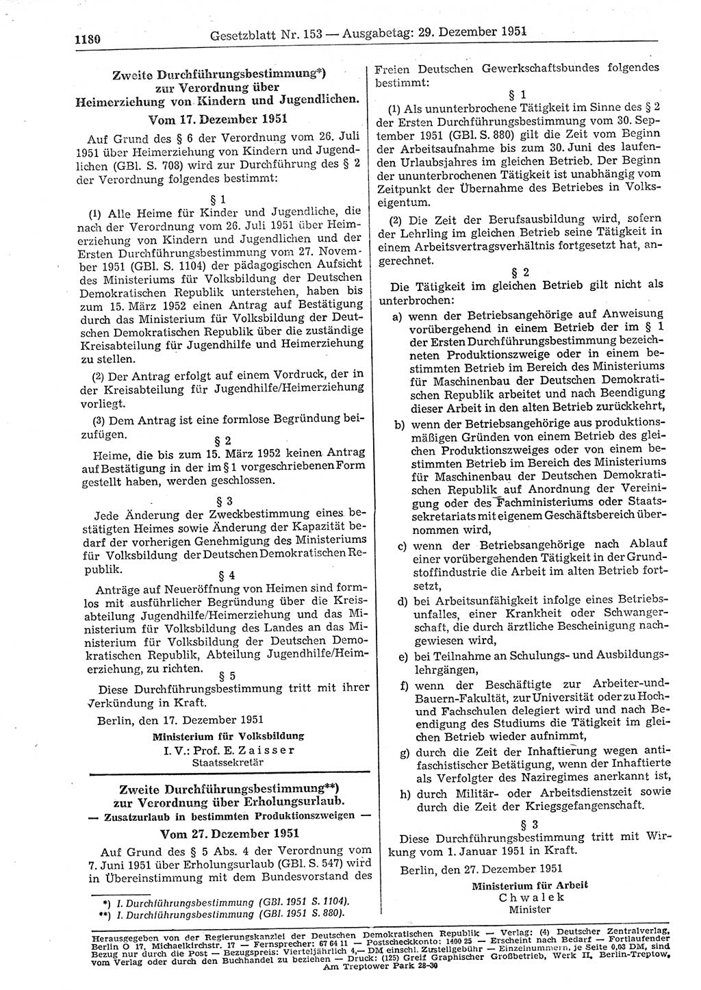 Gesetzblatt (GBl.) der Deutschen Demokratischen Republik (DDR) 1951, Seite 1180 (GBl. DDR 1951, S. 1180)
