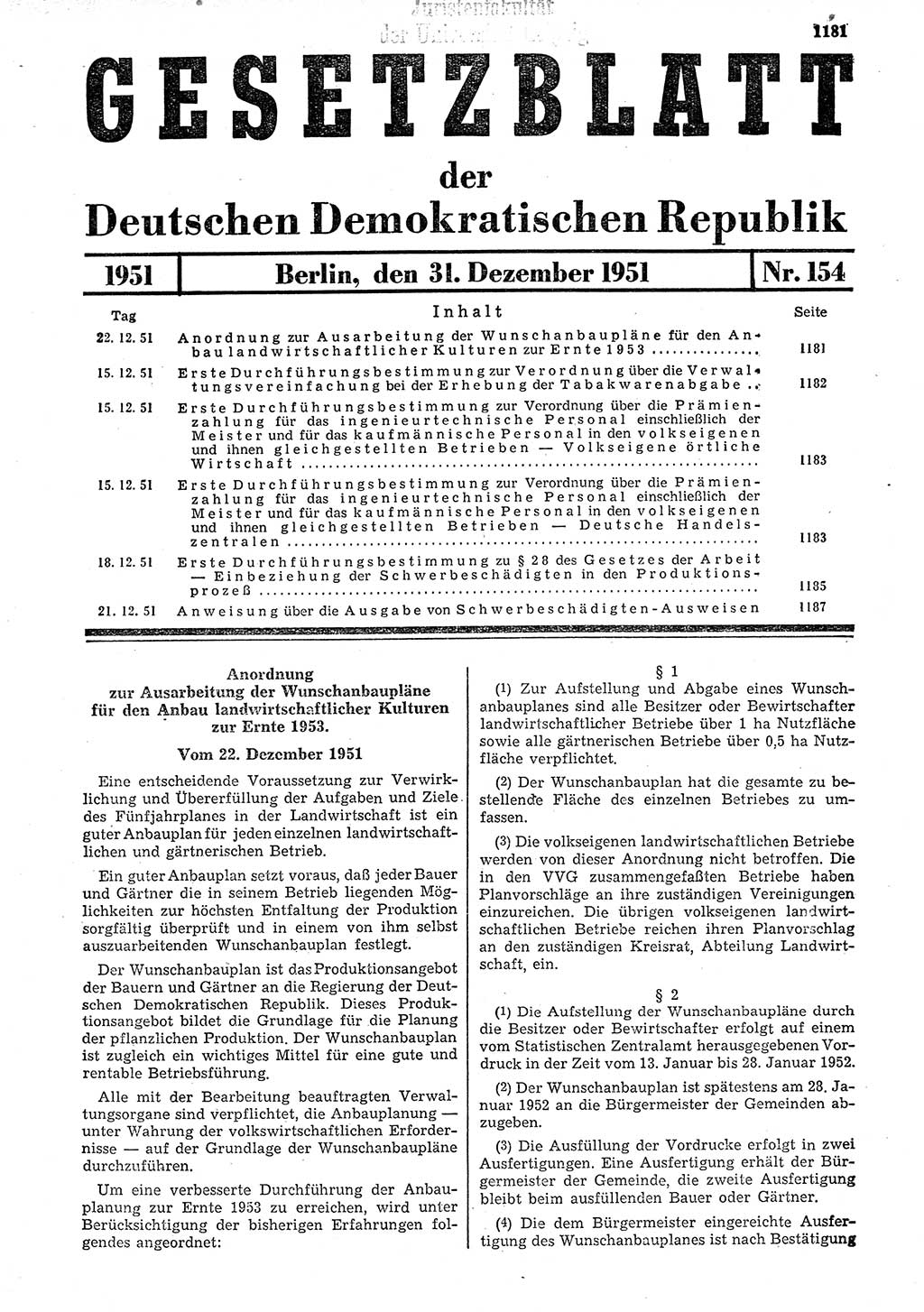 Gesetzblatt (GBl.) der Deutschen Demokratischen Republik (DDR) 1951, Seite 1181 (GBl. DDR 1951, S. 1181)
