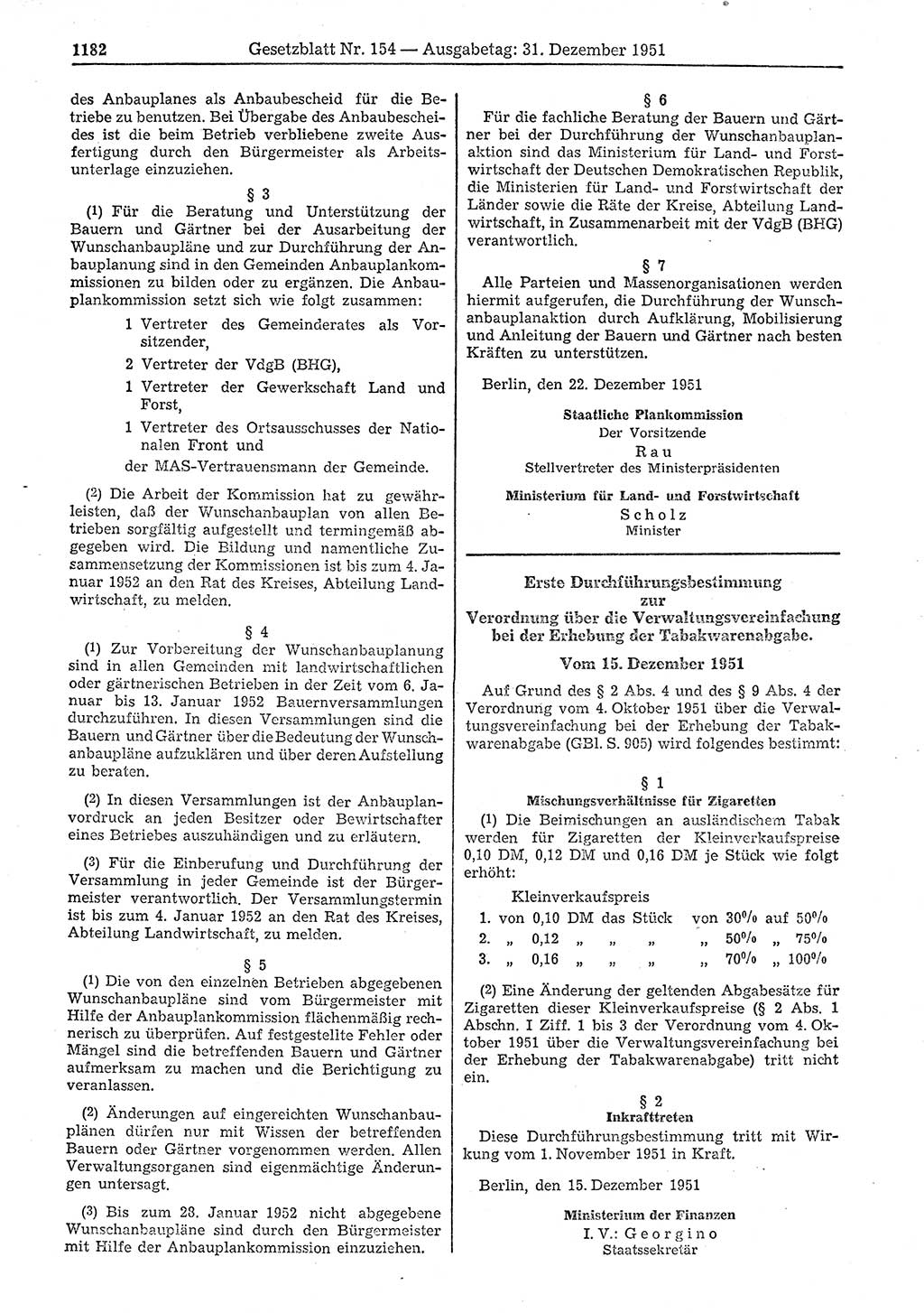 Gesetzblatt (GBl.) der Deutschen Demokratischen Republik (DDR) 1951, Seite 1182 (GBl. DDR 1951, S. 1182)