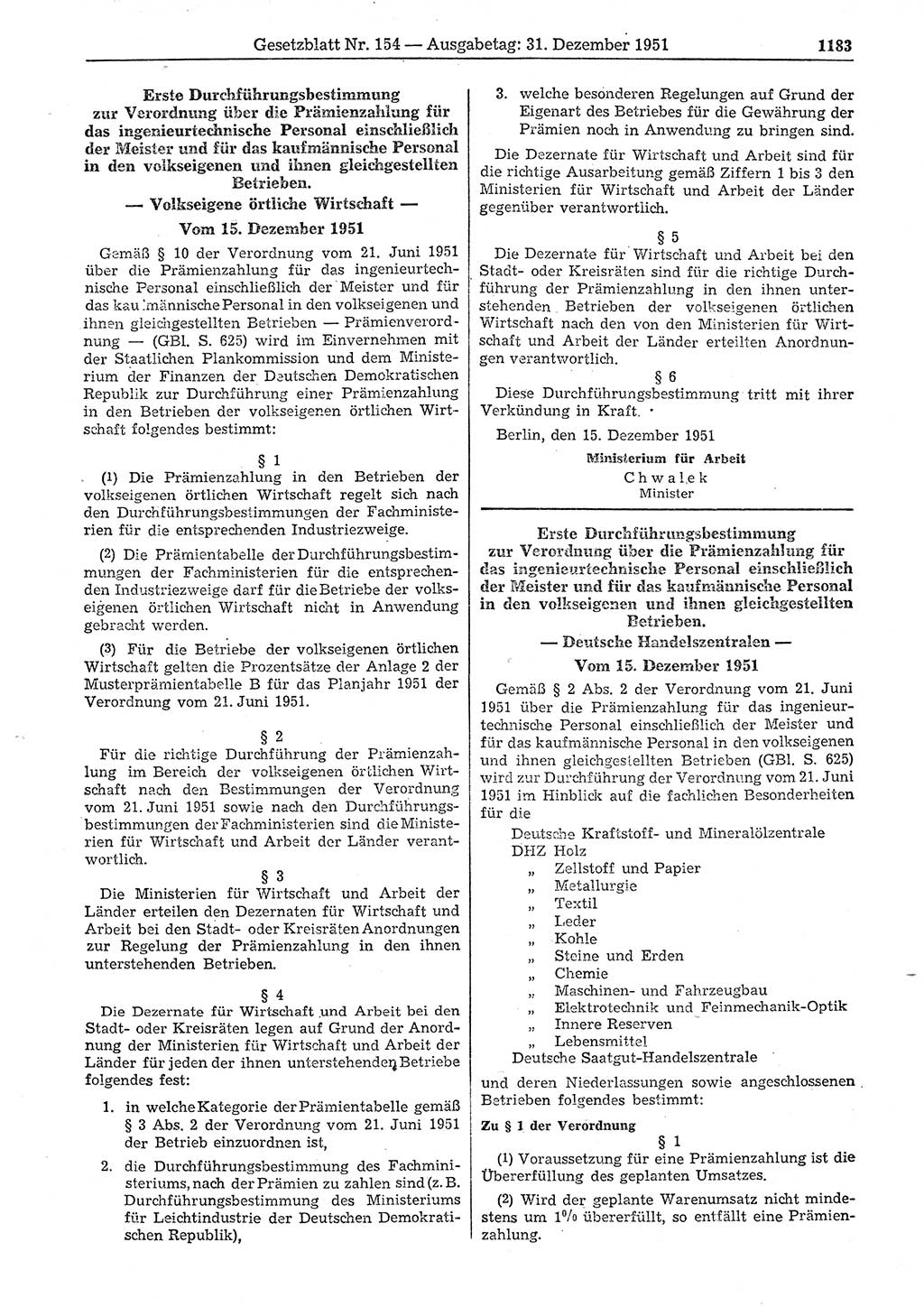 Gesetzblatt (GBl.) der Deutschen Demokratischen Republik (DDR) 1951, Seite 1183 (GBl. DDR 1951, S. 1183)