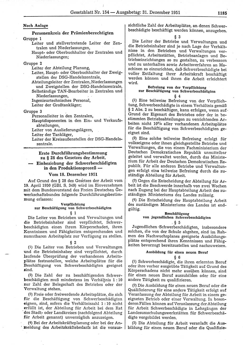 Gesetzblatt (GBl.) der Deutschen Demokratischen Republik (DDR) 1951, Seite 1185 (GBl. DDR 1951, S. 1185)
