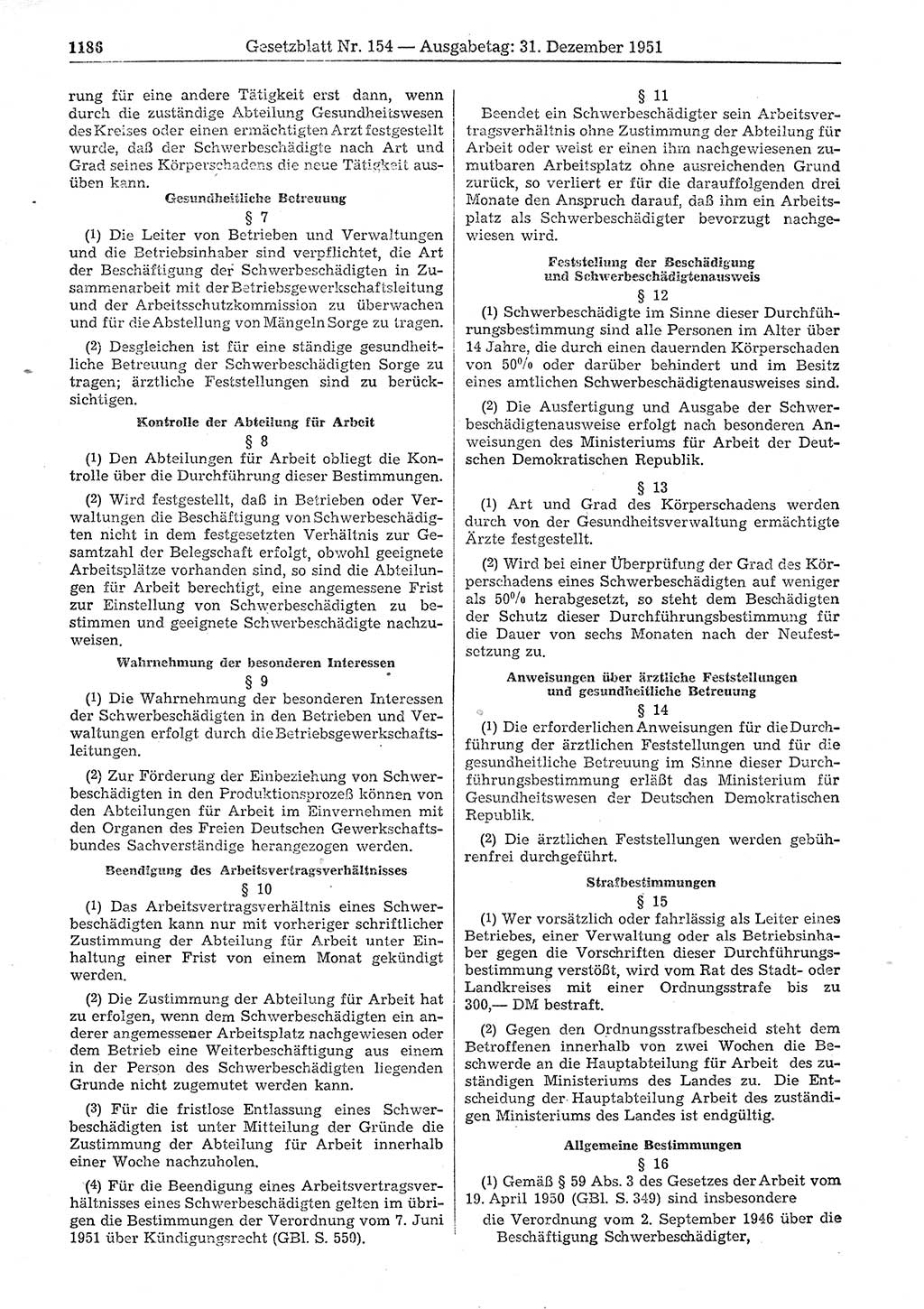 Gesetzblatt (GBl.) der Deutschen Demokratischen Republik (DDR) 1951, Seite 1186 (GBl. DDR 1951, S. 1186)