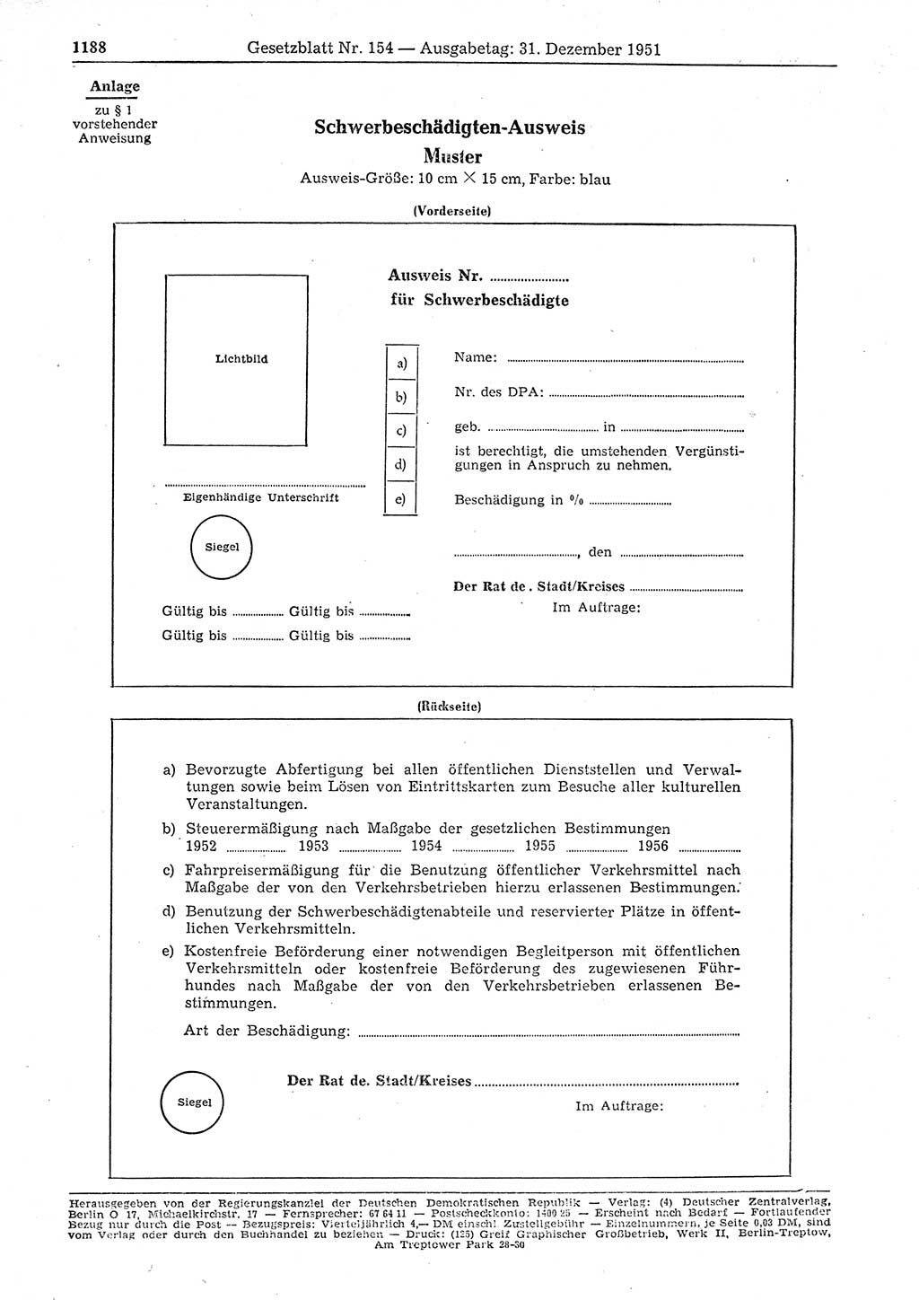 Gesetzblatt (GBl.) der Deutschen Demokratischen Republik (DDR) 1951, Seite 1188 (GBl. DDR 1951, S. 1188)