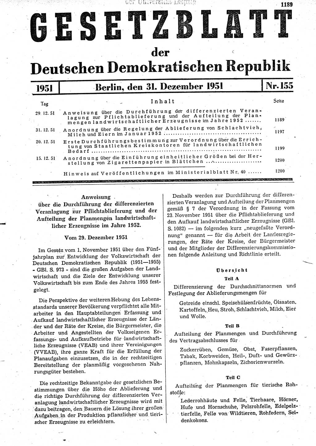 Gesetzblatt (GBl.) der Deutschen Demokratischen Republik (DDR) 1951, Seite 1189 (GBl. DDR 1951, S. 1189)