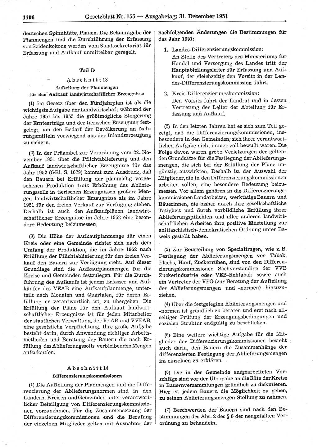 Gesetzblatt (GBl.) der Deutschen Demokratischen Republik (DDR) 1951, Seite 1196 (GBl. DDR 1951, S. 1196)