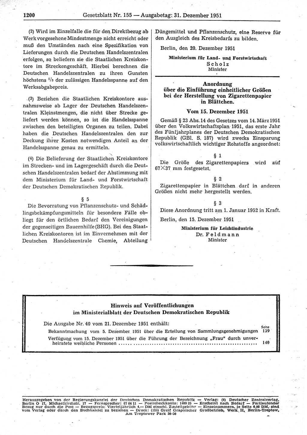 Gesetzblatt (GBl.) der Deutschen Demokratischen Republik (DDR) 1951, Seite 1200 (GBl. DDR 1951, S. 1200)