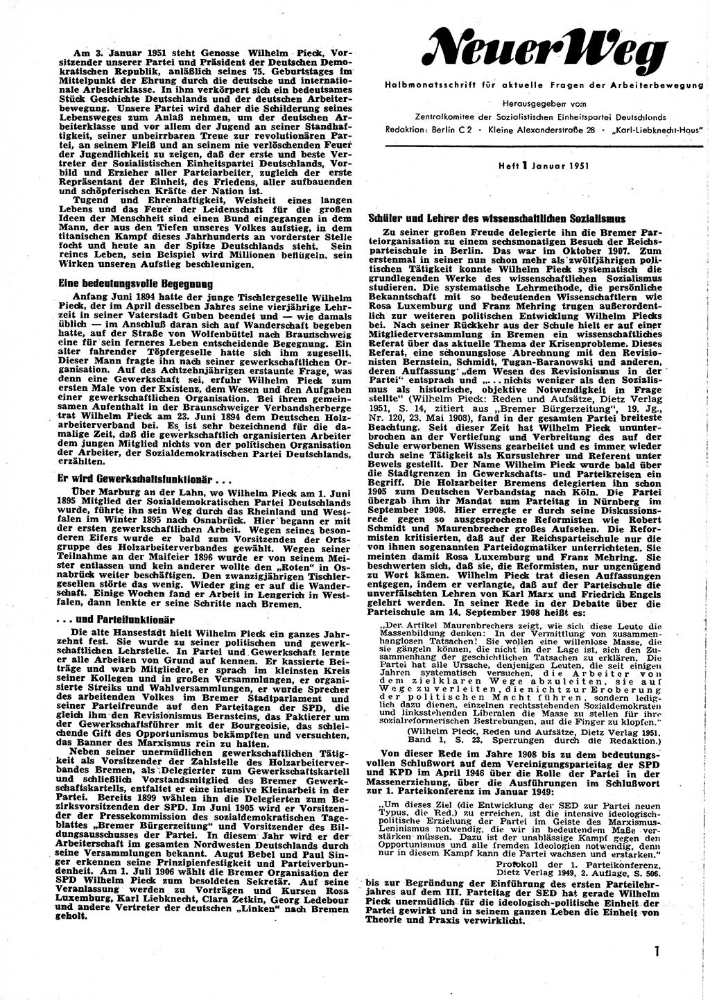 Neuer Weg (NW), Halbmonatsschrift für aktuelle Fragen der Arbeiterbewegung [Zentralkomitee (ZK) Sozialistische Einheitspartei Deutschlands (SED)], 6. Jahrgang [Deutsche Demokratische Republik (DDR)] 1951, Heft 1/1 (NW ZK SED DDR 1951, H. 1/1)