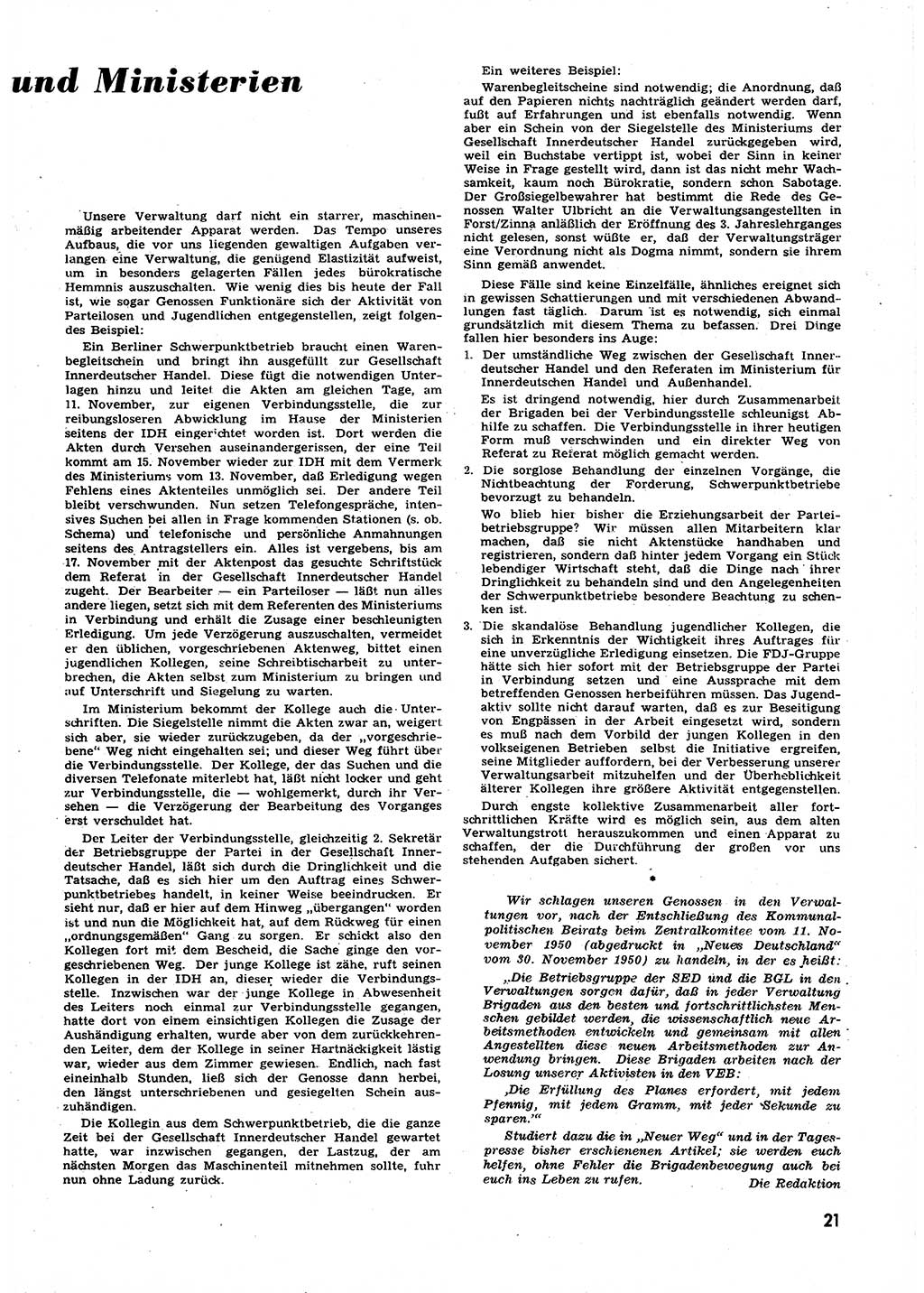 Neuer Weg (NW), Halbmonatsschrift für aktuelle Fragen der Arbeiterbewegung [Zentralkomitee (ZK) Sozialistische Einheitspartei Deutschlands (SED)], 6. Jahrgang [Deutsche Demokratische Republik (DDR)] 1951, Heft 1/21 (NW ZK SED DDR 1951, H. 1/21)