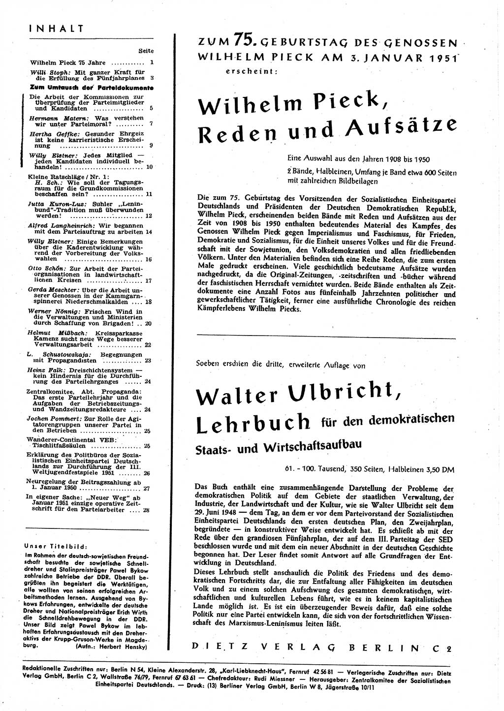 Neuer Weg (NW), Halbmonatsschrift für aktuelle Fragen der Arbeiterbewegung [Zentralkomitee (ZK) Sozialistische Einheitspartei Deutschlands (SED)], 6. Jahrgang [Deutsche Demokratische Republik (DDR)] 1951, Heft 1/29 (NW ZK SED DDR 1951, H. 1/29)
