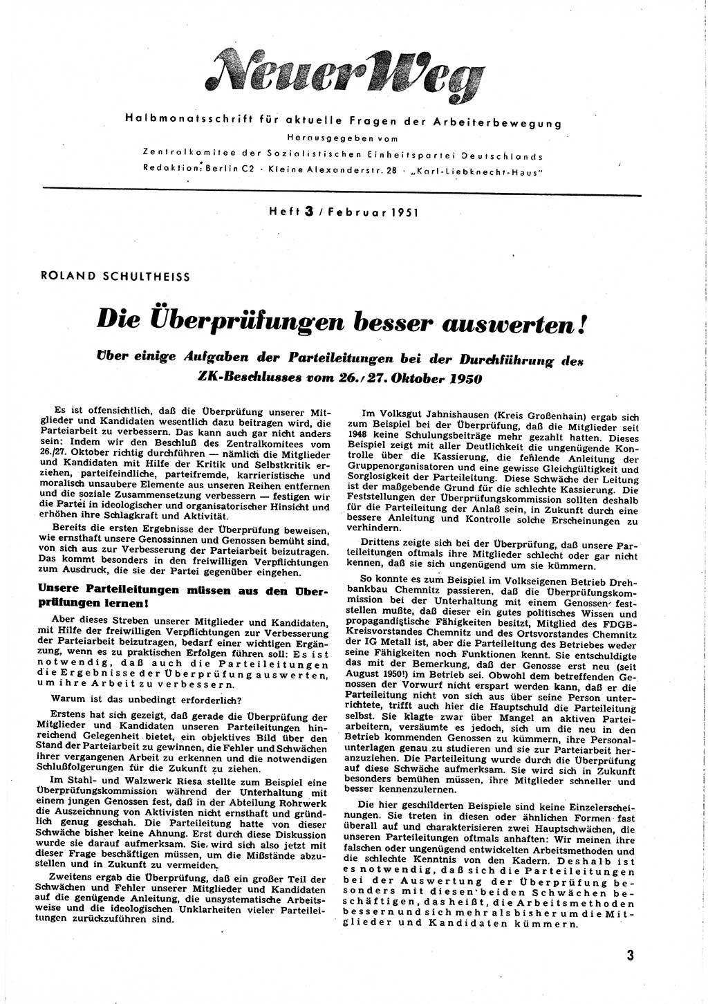 Neuer Weg (NW), Halbmonatsschrift für aktuelle Fragen der Arbeiterbewegung [Zentralkomitee (ZK) Sozialistische Einheitspartei Deutschlands (SED)], 6. Jahrgang [Deutsche Demokratische Republik (DDR)] 1951, Heft 3/3 (NW ZK SED DDR 1951, H. 3/3)
