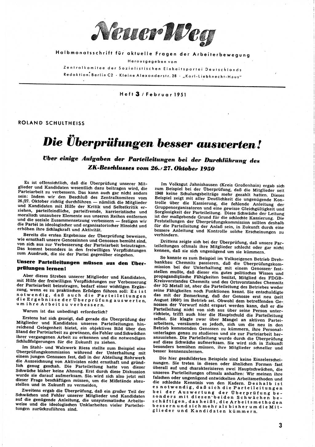 Neuer Weg (NW), Halbmonatsschrift für aktuelle Fragen der Arbeiterbewegung [Zentralkomitee (ZK) Sozialistische Einheitspartei Deutschlands (SED)], 6. Jahrgang [Deutsche Demokratische Republik (DDR)] 1951, Heft 3/3 (NW ZK SED DDR 1951, H. 3/3)