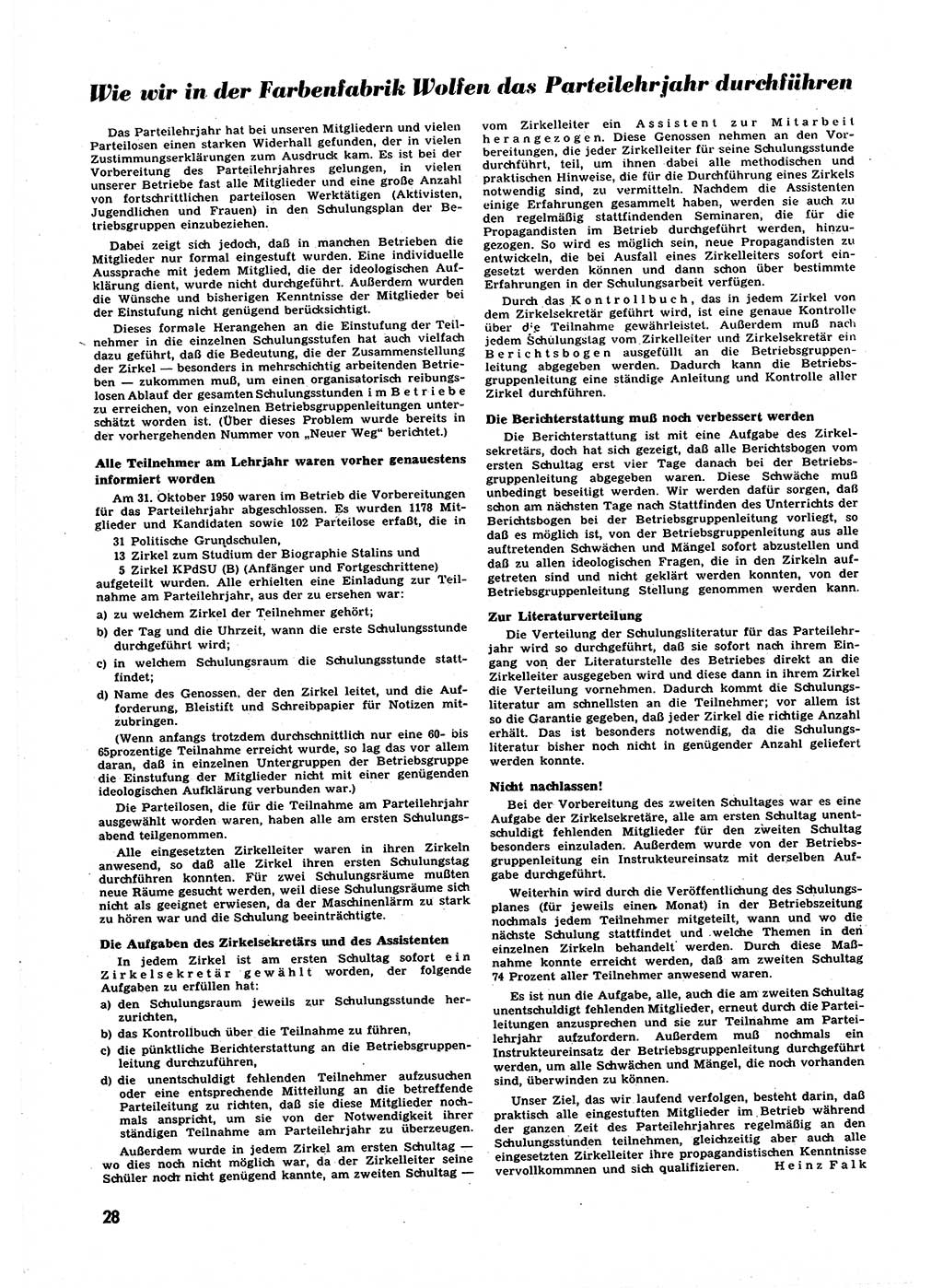 Neuer Weg (NW), Halbmonatsschrift für aktuelle Fragen der Arbeiterbewegung [Zentralkomitee (ZK) Sozialistische Einheitspartei Deutschlands (SED)], 6. Jahrgang [Deutsche Demokratische Republik (DDR)] 1951, Heft 3/28 (NW ZK SED DDR 1951, H. 3/28)