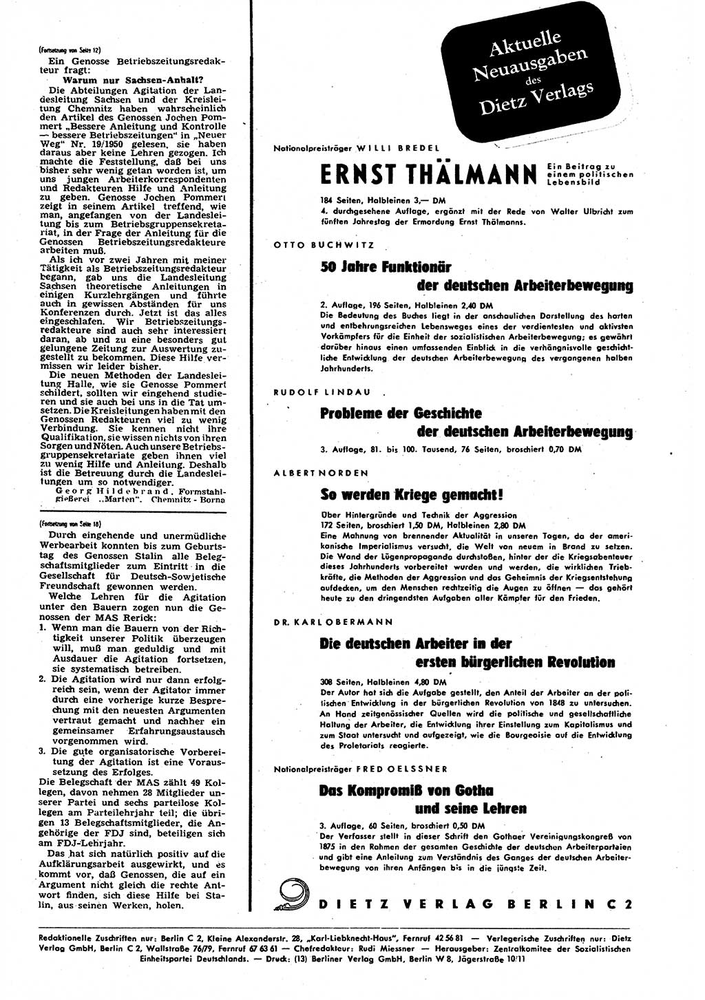 Neuer Weg (NW), Halbmonatsschrift für aktuelle Fragen der Arbeiterbewegung [Zentralkomitee (ZK) Sozialistische Einheitspartei Deutschlands (SED)], 6. Jahrgang [Deutsche Demokratische Republik (DDR)] 1951, Heft 3/29 (NW ZK SED DDR 1951, H. 3/29)