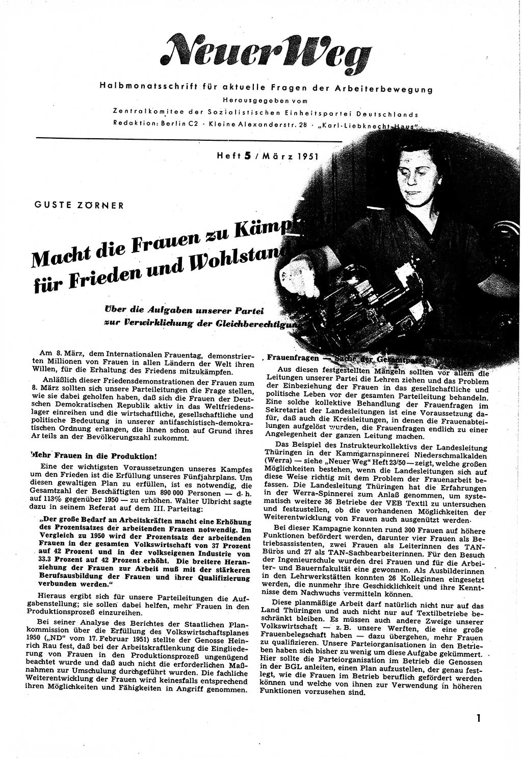 Neuer Weg (NW), Halbmonatsschrift für aktuelle Fragen der Arbeiterbewegung [Zentralkomitee (ZK) Sozialistische Einheitspartei Deutschlands (SED)], 6. Jahrgang [Deutsche Demokratische Republik (DDR)] 1951, Heft 5/1 (NW ZK SED DDR 1951, H. 5/1)