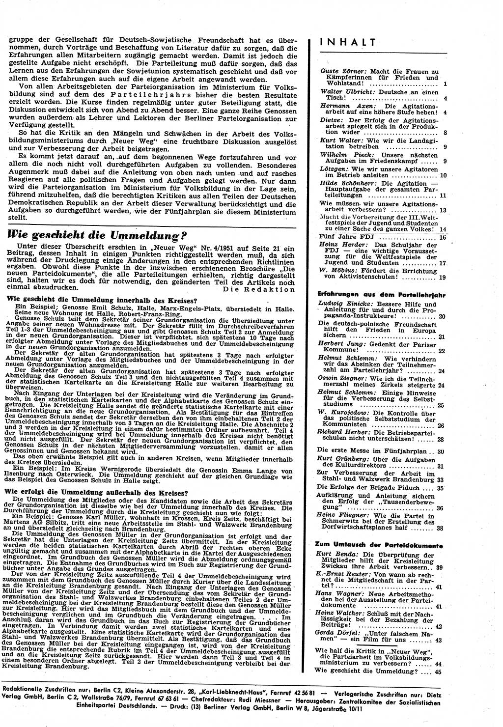 Neuer Weg (NW), Halbmonatsschrift für aktuelle Fragen der Arbeiterbewegung [Zentralkomitee (ZK) Sozialistische Einheitspartei Deutschlands (SED)], 6. Jahrgang [Deutsche Demokratische Republik (DDR)] 1951, Heft 5/45 (NW ZK SED DDR 1951, H. 5/45)